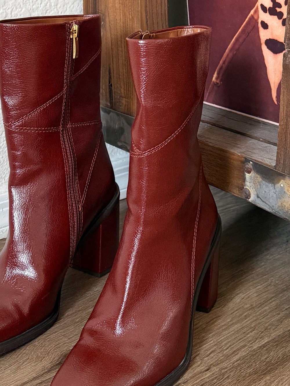 Franco Sarto L-Stevie Burgundy Leather Block Heel Ankle Boots Women’s 8